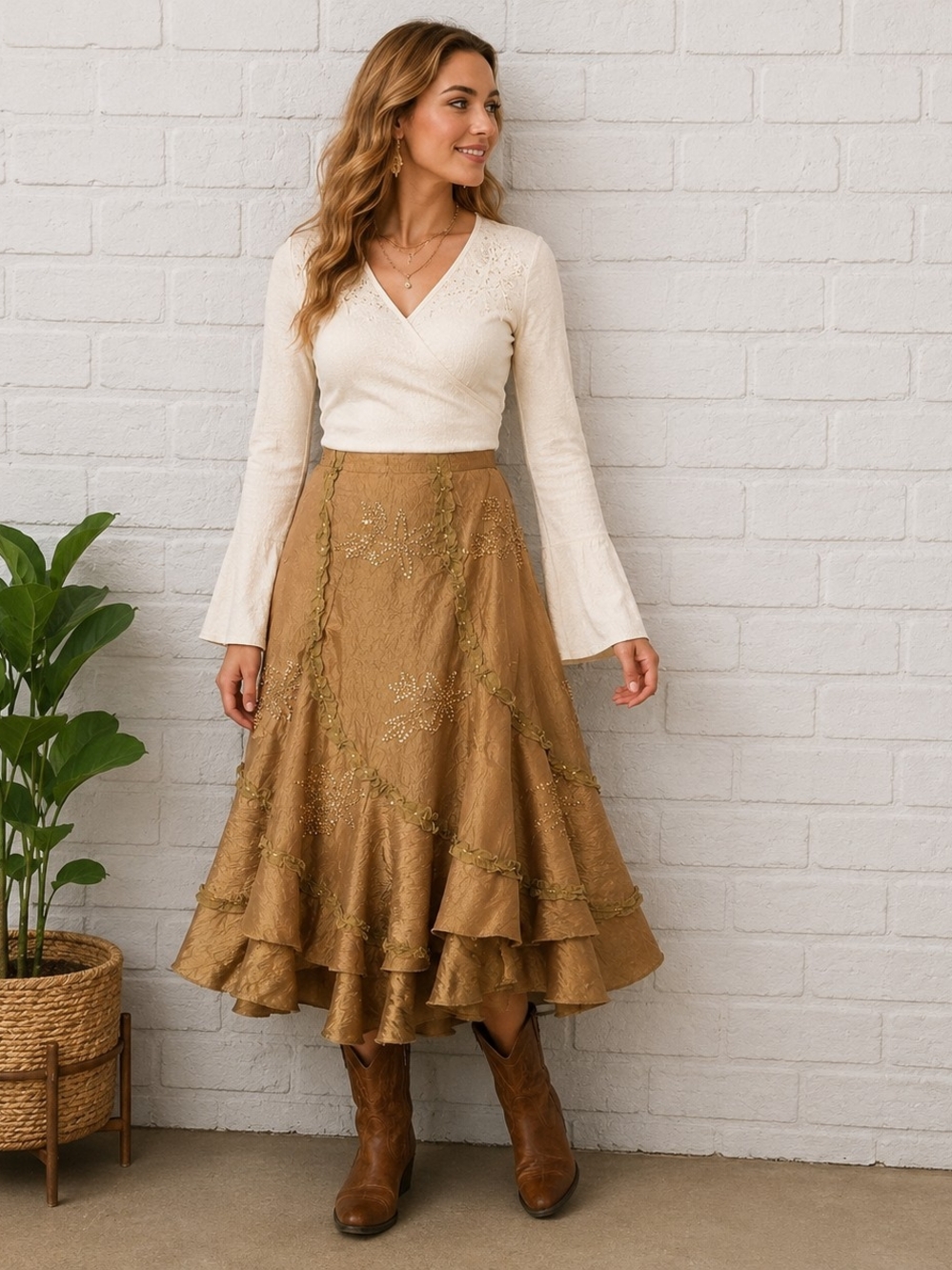 Daniel K Boho Sequin Ruffle Asymmetrical Maxi Skirt Gold Women's M